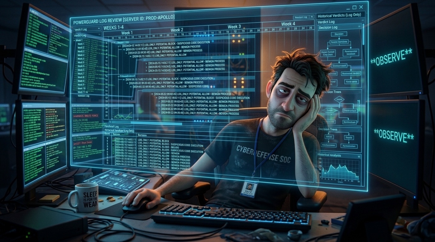 Alex, animated SOC analyst, reviewing four weeks of PWX verdict logs